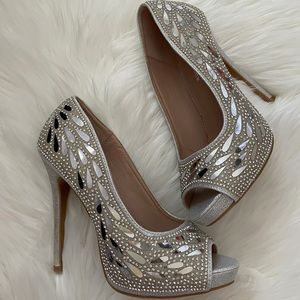 Silver Rhinestone Open Toe Heels